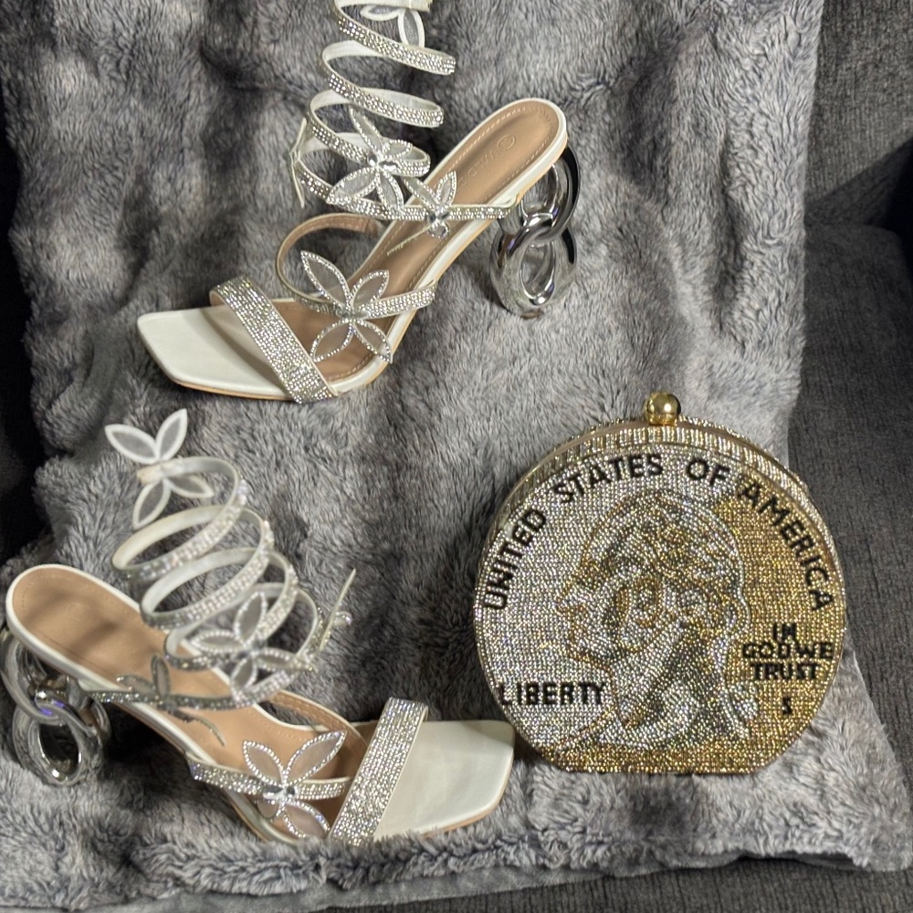 Silver diamond wrap around shoes w/butterflies